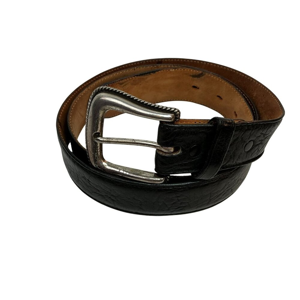 Tony Lama Black Leather Belt With Classic Western Silver Buckle Mens 40